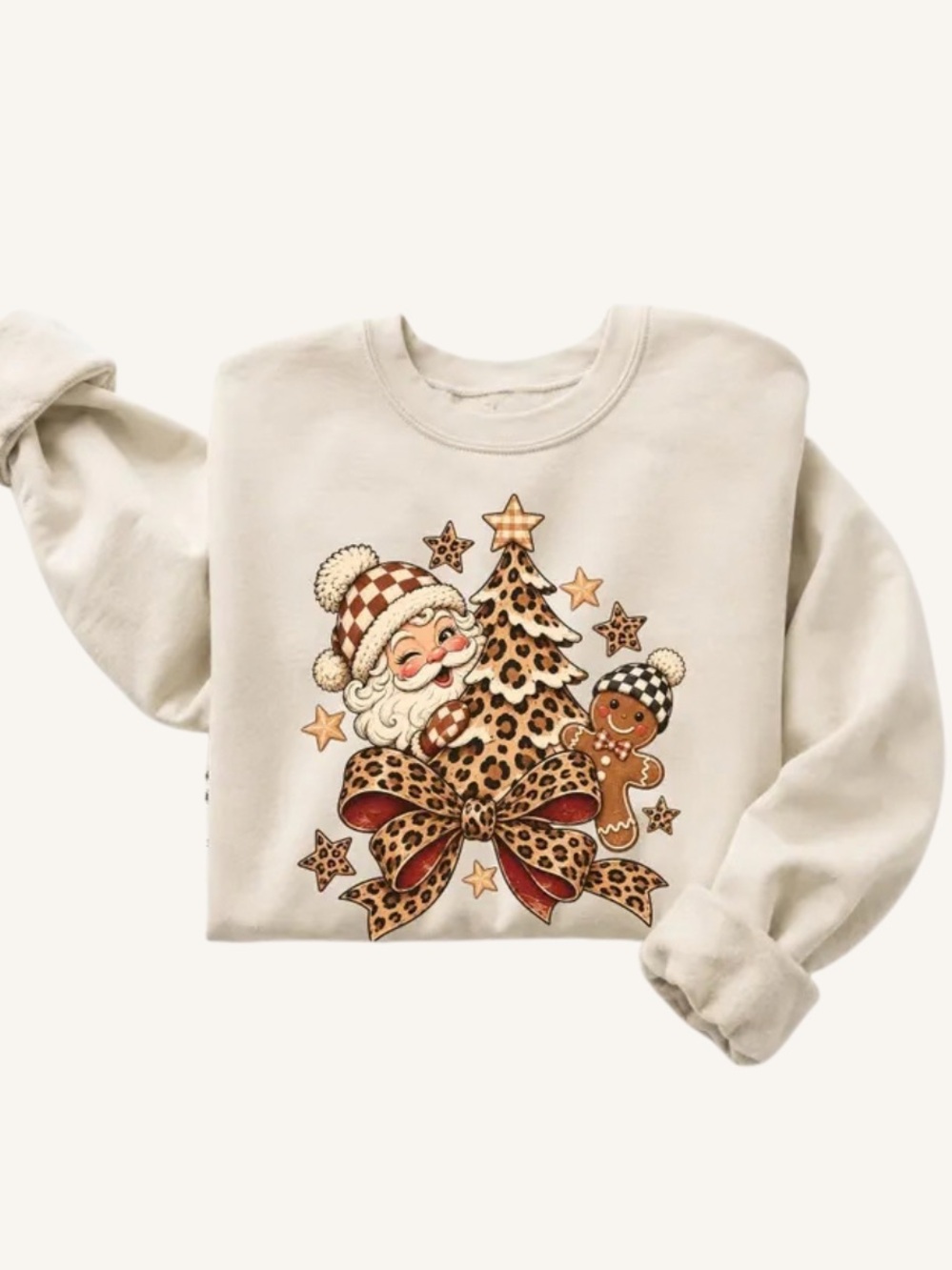 Sand Christmas Holiday Sweatshirt with Fun Leopard Tree & Santa Graphic